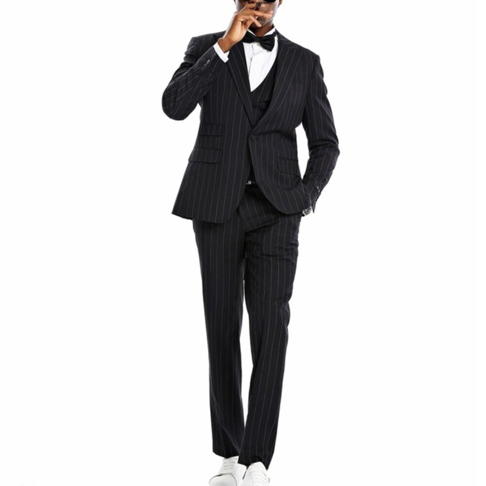 Black Pinstriped 3 Piece Peak Lapel Skinny Fit Tazzio Men's Suit